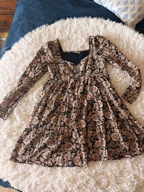 American Eagle Outfitters Black and Brown Floral Long-Sleeve Dress
